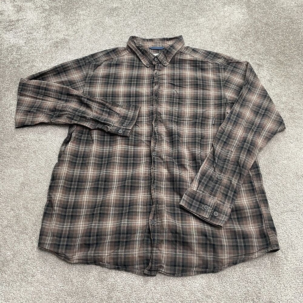 Columbia Button Down Shirt Mens Large Brown Plaid Long Sleeve Cotton Casual Fish